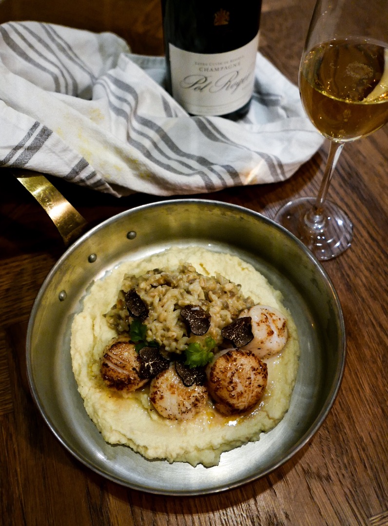 pilgrimsmussla med frösotto, blomkålspure och tryffel