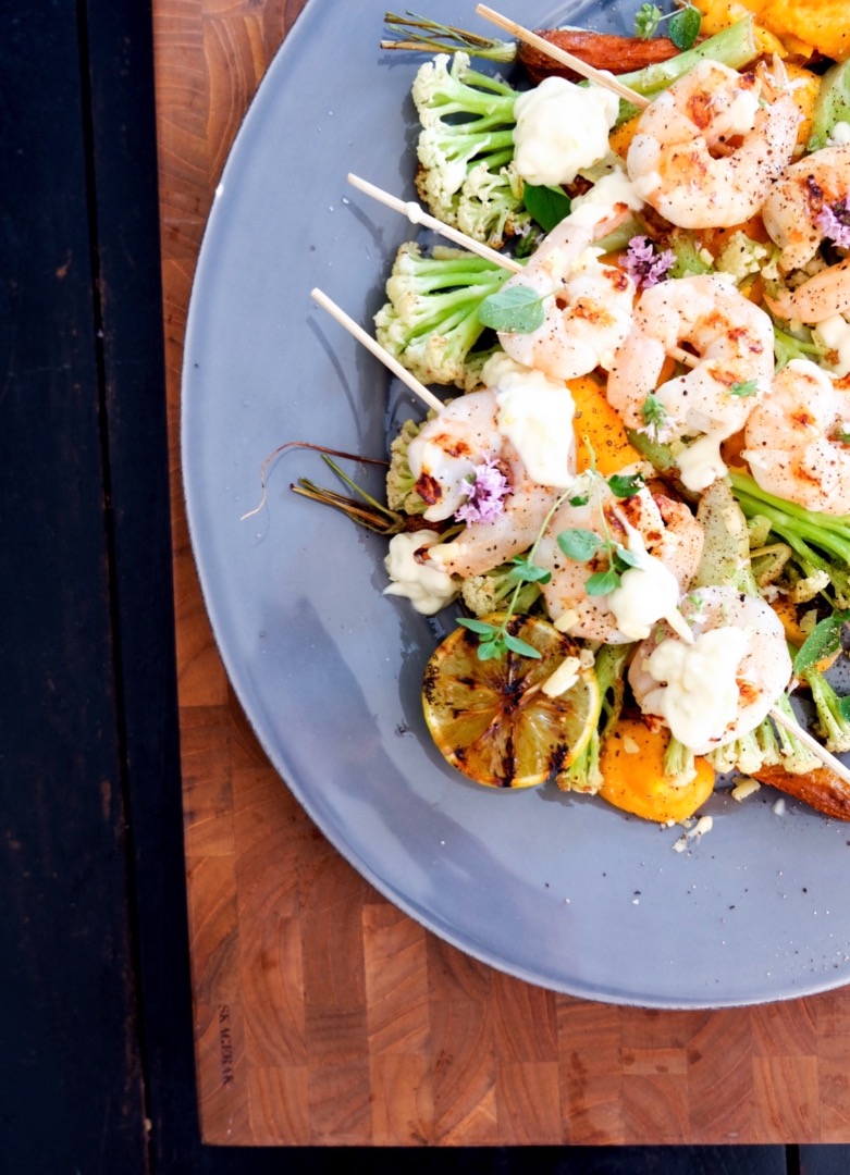 Fioretto med grillad scampi och sötpotatis puré